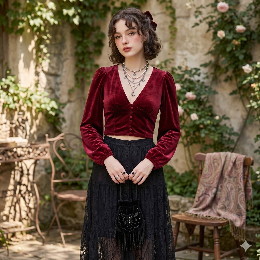 Forever 21 Burgundy Red Velvet Crop Top Blouse M/L Whimsigoth Coquette V-Neck